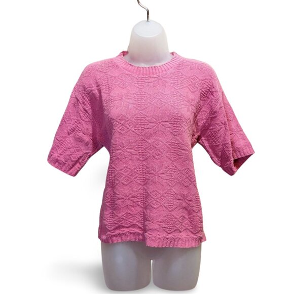 Vintage 90s Pink Cable Knit Sweater Womens M Spring Pastel Cottage Cotton Top - Picture 1 of 5